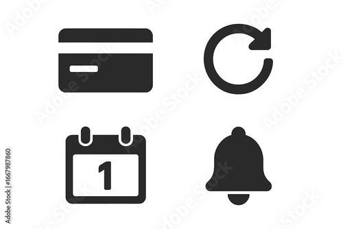 Subscription solid icons. Vector glyph set for recurring payment, membership, and auto-renewal. Includes credit card, billing calendar, reminder bell, and refresh arrow.