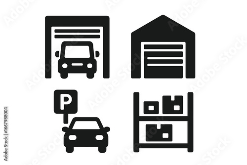 Warehouse Icon Set with Solid Filled Style, Includes Warehouse Building, Loading Bay, Parking Area with Car, and Storage Shelves, Vector Cartoon Illustration for Logistics and Storage Concepts
