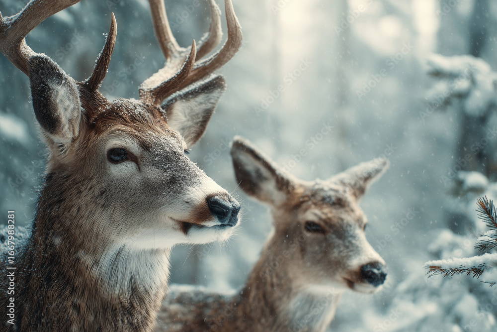 Fototapeta premium Male and female deer in snowy winter forest