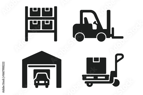 Warehouse icons set, solid filled vector illustration of warehouse hubs, storage racks with boxes, forklift, loading dock, pallet jack, and shipping equipment cartoon style