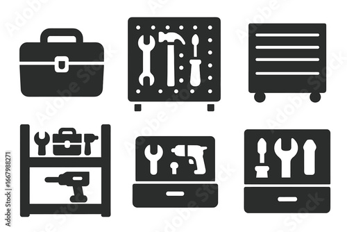 Tool storage icons vector set. Solid filled symbols of toolbox, pegboard with wrench, hammer, screwdriver, tool chest, shelf with hardware tools, drawer organizer. Black silhouette collection.