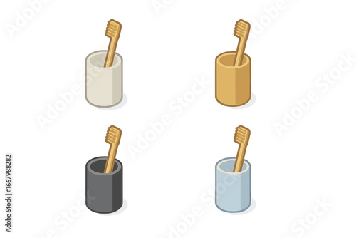 Isometric Toothbrush Holder Icons Set, Flat Vector Illustration of Ceramic, Bamboo, Black and Blue Cup Toothbrush Holders with Wooden Toothbrushes, Bathroom Accessories Design