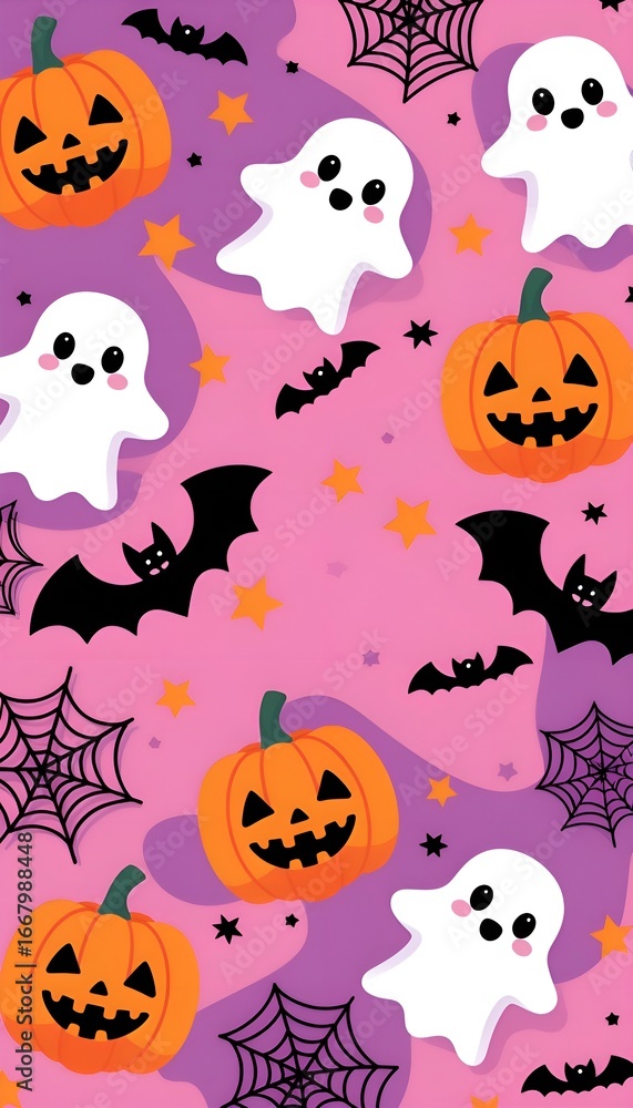 Fototapeta premium Cute Halloween character pattern.This cheerful illustration is perfect for phone wallpapers, social media stories, children's party invitations, gift wrap, and seasonal flyers. 