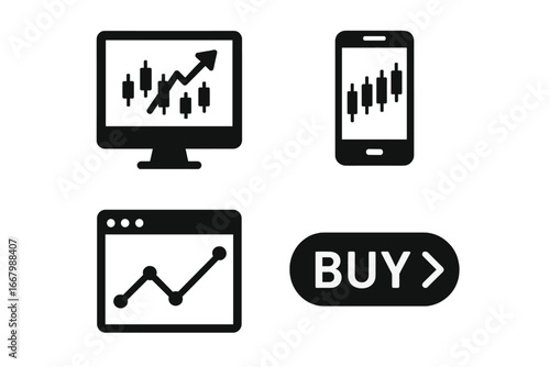 Trading tools icons set with solid filled design including monitor screen showing candlestick chart, smartphone trading app, trading terminal graph, and buy button vector illustration