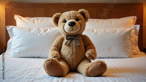 Playful teddy bear sitting on freshly made hotel bed invites comfort and relaxation for family travel and cozy vacation rentals promotion