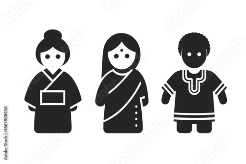 Traditional Clothing Dolls Icons Vector Set, Solid Filled Ethnic Dolls Wearing Kimono, Sari, and Dashiki, Cultural Dress Illustrations, Diverse National Costume Symbols