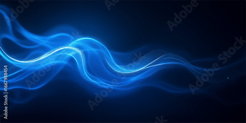 Abstract light waves of smooth blue and black flowing energy create a dynamic backdrop design
