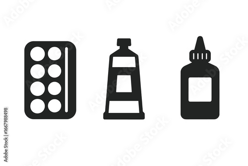 Traditional painting icons set with solid filled style including watercolor tray palette, oil paint tube, acrylic paint bottle, classic art tools vector illustration