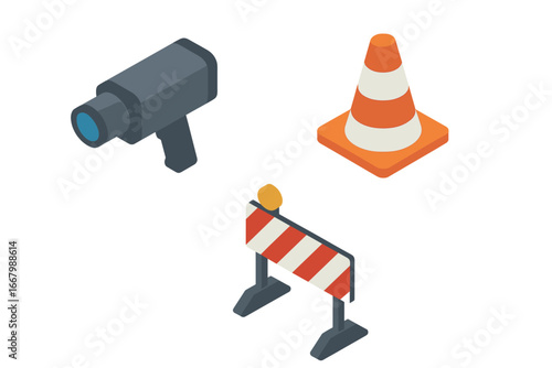 Isometric Traffic Enforcement Icons Set with Speed Radar Gun, Traffic Cone, and Roadblock Barrier, Safety Equipment, Road Control Vector Illustration Transparent Background
