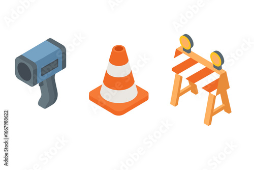Isometric Traffic Enforcement Icon Set with Speed Radar Gun, Orange Traffic Cone, and Roadblock Barrier – Vector Illustration for Traffic Safety and Control