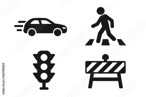 Traffic Danger Icons Set. Solid Black Filled Vector Symbols of Speeding Car, Pedestrian Crossing, Traffic Light, and Roadblock. Safety, Warning, Transportation Signs Collection.