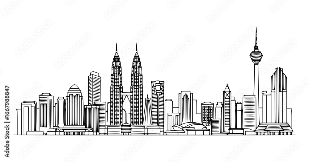 Naklejka premium Kuala Lumpur, Malaysia Vector Line Art