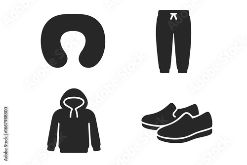 Travel comfort icons vector set, solid filled symbols of travel essentials including neck pillow, stretchy joggers, soft hoodie, and slip-on shoes, fashion and relaxation elements