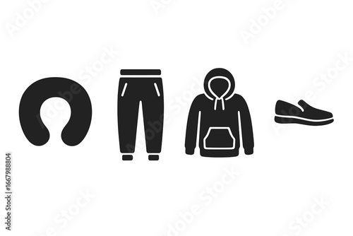 Travel comfort icons vector set with neck pillow, stretchy joggers, cozy hoodie, and slip-on shoes for casual travel fashion and relaxation design