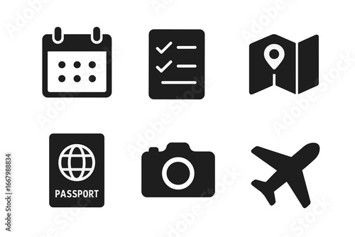 Travel and Adventure Icon Grid Set with Calendar, Checklist, Map, Passport, Camera, and Airplane Vector Illustrations for Trip Planning and Exploration