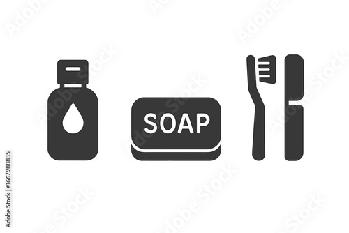 Travel hygiene essentials icons set with solid filled mini shampoo bottle, travel soap bar, and toothbrush vector illustration on transparent background