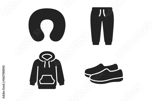 Travel comfort icons vector set including solid filled neck pillow, stretchy joggers, soft hoodie, and slip-on shoes for fashionable casual travel wear illustration