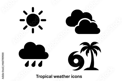 Tropical weather icons solid filled vector set including sunny day, partly cloudy, rain shower, tropical storm, hurricane symbol, palm tree silhouette, tropical weather forecast icons