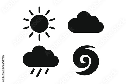 Tropical weather icons solid filled vector set including sunny day, partly cloudy, rain shower, and tropical storm symbols, modern flat style, meteorology and nature collection