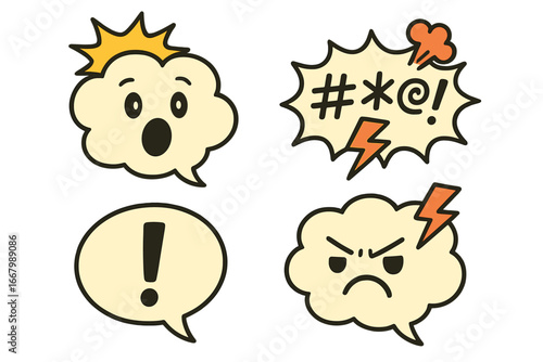 Vector set of comic speech bubbles with emotions. Cartoon illustration of angry, surprised face and curse word symbols. Communication, expression, shock, and conflict icons.