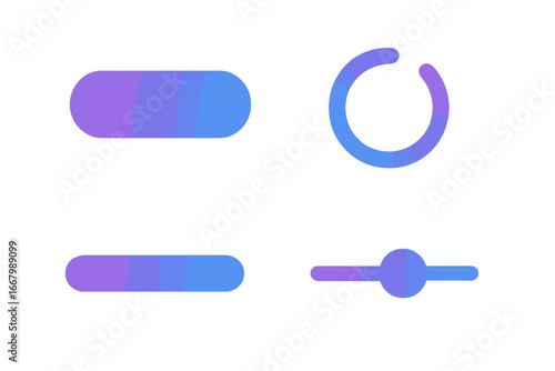 Solid UI Gradient Icons Set, Filled User Interface Buttons, Gradient Progress Bar, Loading Spinner and Slider Vector Illustration on Transparent Background