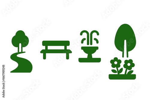 Urban Park Icon Set with Green Walking Path, Bench, Water Fountain, Tree, and Flower Bed - Solid Filled Vector Illustrations for Landscape and Outdoor Design