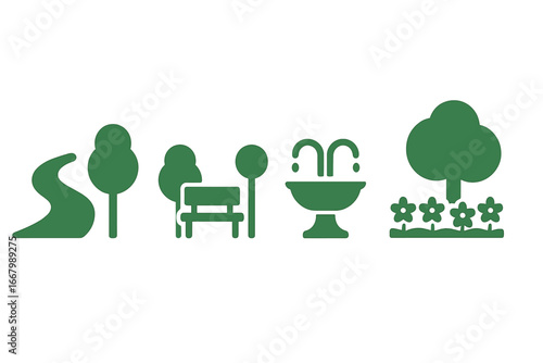 Urban Park Icons Vector Set with Walking Path, Bench, Water Fountain, Trees, and Flower Bed - Green Solid Filled Symbols for Landscape Design and Recreation