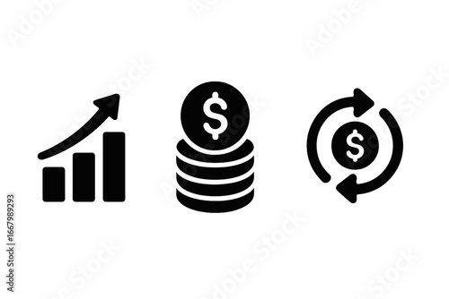 Wealth strategy icons set, solid filled vector illustration of financial growth chart, coin stack, reinvestment arrows, money management symbols, business and finance concept