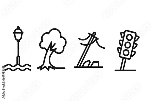 Urban storm damage icon set including flooded streetlamp, uprooted tree, fallen power line, and leaning traffic light, outline vector illustration for city disaster and weather impact design