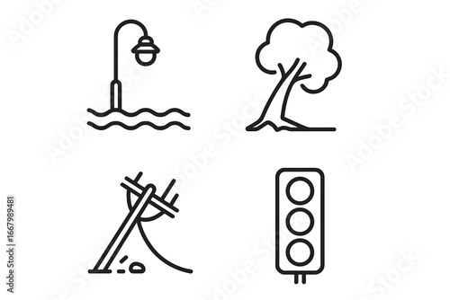 Urban storm damage icons set, outline style. Flooded streetlamp, uprooted tree, fallen power line, and traffic light symbols. Vector illustration showing city storm impact and damage.