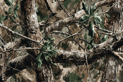  hunting camouflage pattern. Real tree camouflage seamless pattern. Hunting camouflage background. Military camo design.