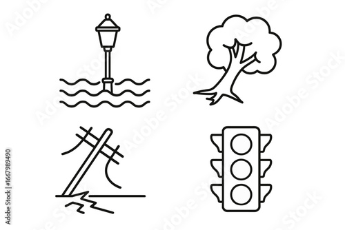 Urban storm damage icons, outline set of severe weather destruction with flooded streetlamp, uprooted tree, fallen power line, and damaged traffic light vector illustration