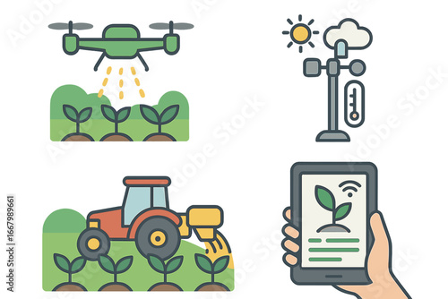 Smart farming technology icon set. Agriculture innovations with drone, tractor, weather station, smart device. Precision crop management, automation, agricultural IoT concept vector.