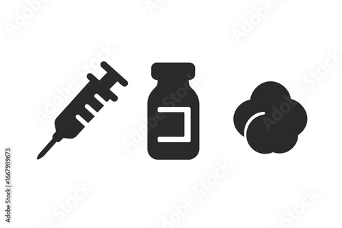 Vaccination tools icons set including injection syringe, vaccine vial, and cotton ball, medical equipment for immunization process, healthcare vector illustration on transparent background