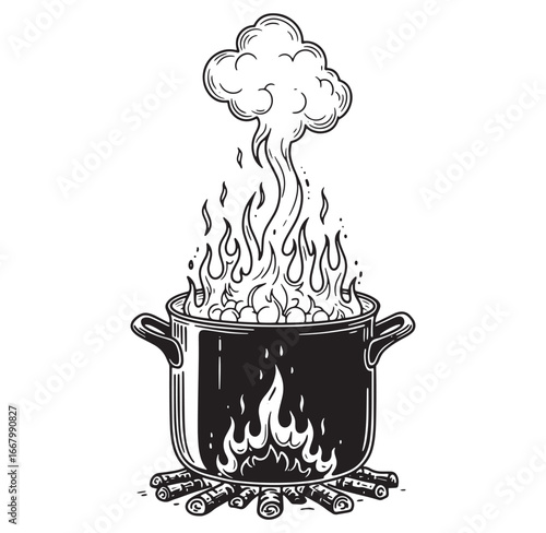 Black and white illustration of a cooking pot over a campfire with boiling contents and steam