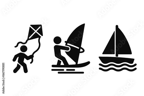 Solid wind activity icons set with kite flying, windsurfing, sailing boat, outdoor water sports, windy weather recreation, vector cartoon illustration transparent background