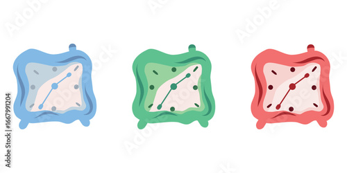 Decorative clock face vector set. Alarm clock icon collection. Blue, green, red clocks