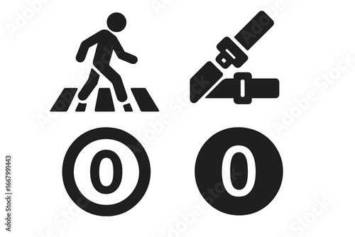 Zero Accidents Safety Icons Set with Pedestrian Crosswalk, Seatbelt, and Speed Limit Symbols, Solid Filled Vector Illustration for Transport and Traffic Safety Awareness