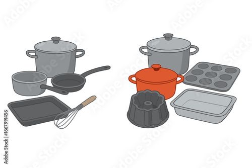 Set of kitchen utensils for cooking and baking. Collection of cookware and bakeware including pot, pan, dutch oven, baking sheet, muffin tin, bundt pan and whisk. Vector icons.