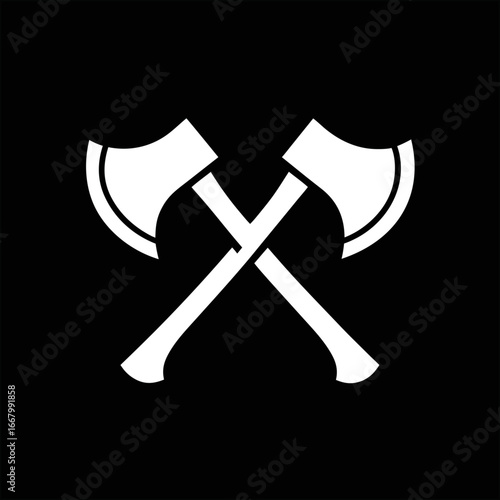 Flat vector crossed axes logo on dark background, suitable for outdoor adventure branding, forestry emblems, and fantasy warrior crests.