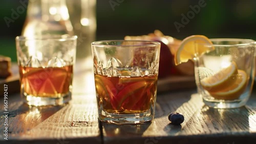 Drinks on a wooden table with sunlight and a slice of lemon and blueberry close up