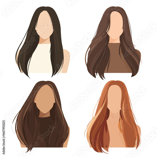 A stylish set of four faceless female avatars showcasing long, flowing hairstyles in various brunette and red shades, perfect for a beauty blog or character creator.
