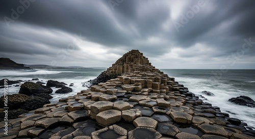 Dramatic Long Exposure of Giant's Causeway with Stormy Sky and Sea