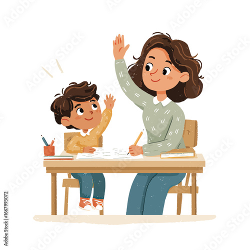 A caring mother helping her enthusiastic son with his homework, both raising their hands in a cute illustration of homeschooling, learning, and family support.
