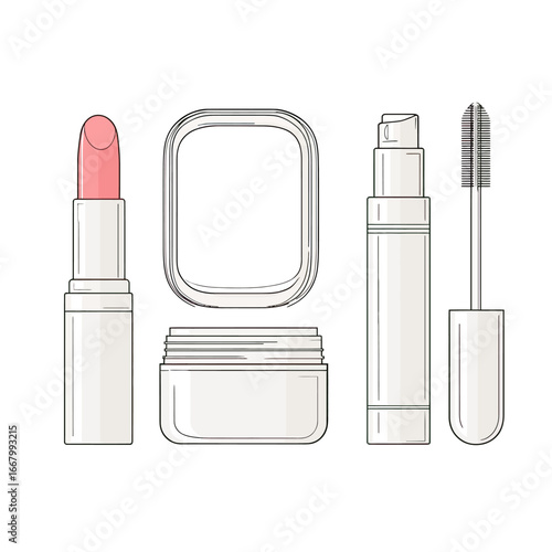 A chic and minimalist line art illustration of a complete makeup and cosmetics set, perfect for a modern beauty routine blog or product packaging mockup.
