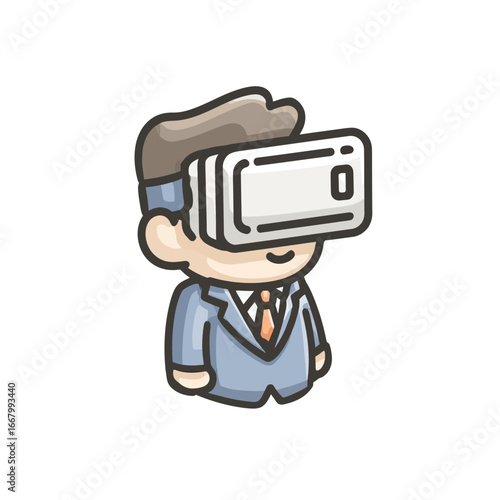 A cute and friendly cartoon businessman character in a full suit wearing a VR headset, joyfully exploring the metaverse or engaging in a futuristic virtual meeting.

