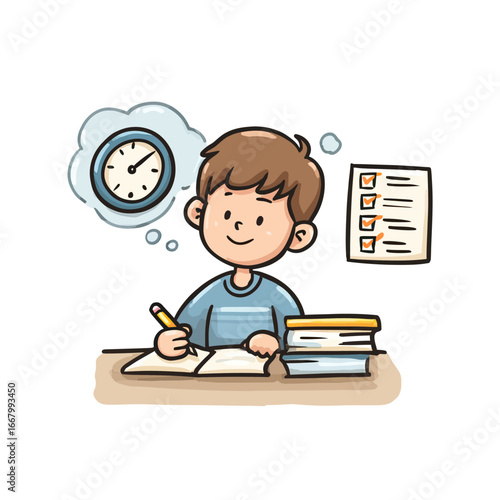 A cute cartoon student diligently studying at his desk with books, a checklist, and a clock in a thought bubble, illustrating effective time management and learning.
