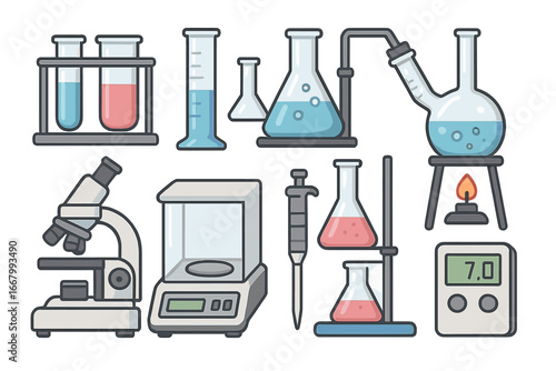 Science lab equipment icon set for chemistry, biology research. Vector cartoon illustration of microscope, flask, test tube, beaker for experiment and analysis. Isolated items.