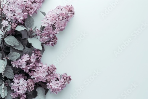 Delicate lilac blossoms arranged artfully against a pale background create a serene and elegant composition.