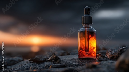 Amber glass dropper bottle on rocks at sunset